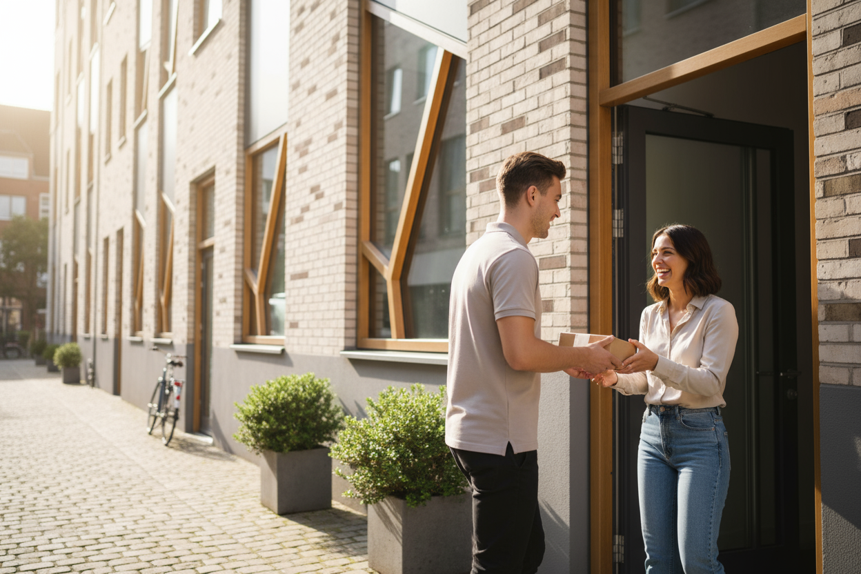 A realistic, high-quality lifestyle image representing fast and free delivery. Show a friendly delivery person handing a small parcel to a happy customer at their door, under bright natural light. The setting looks clean, modern, and European (Germany-style neighborhood). The image should look natural and photographic — no text, no logos, no drawings or artificial elements. Focus on realism, motion, and positivity that conveys speed and reliability
